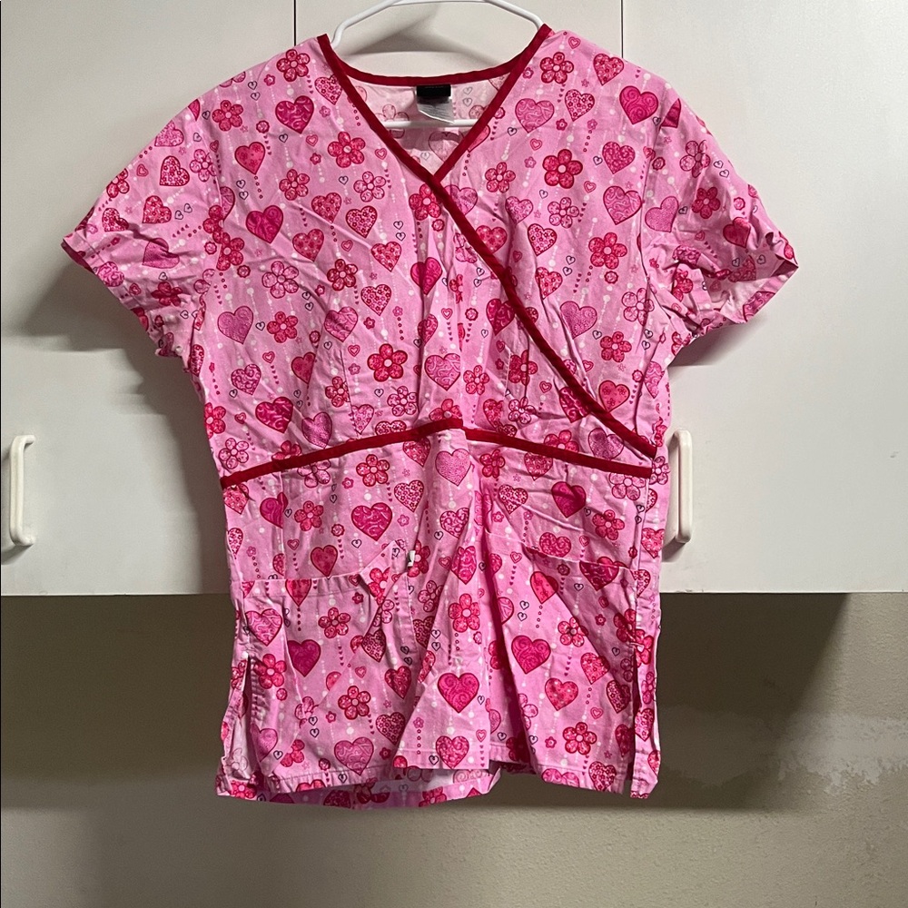 Cherokee Pink Heart Print Scrub Top